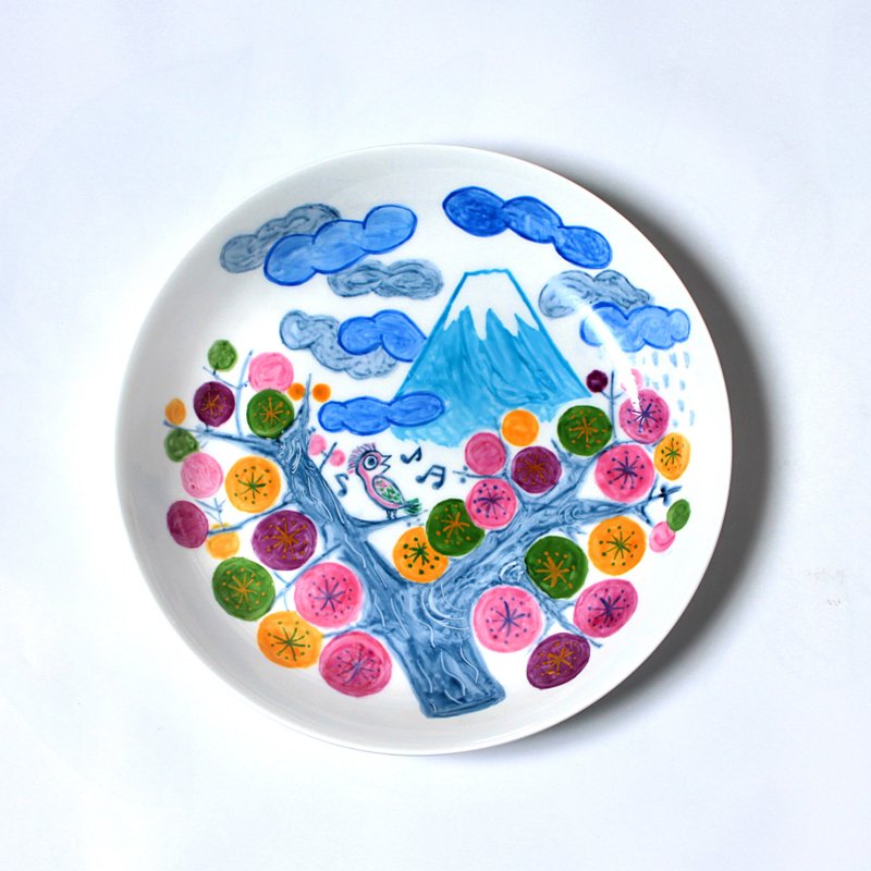 Plum, bird and Mt. Fuji deep plate in early spring - 浅碟/小碟子 - 瓷 多色