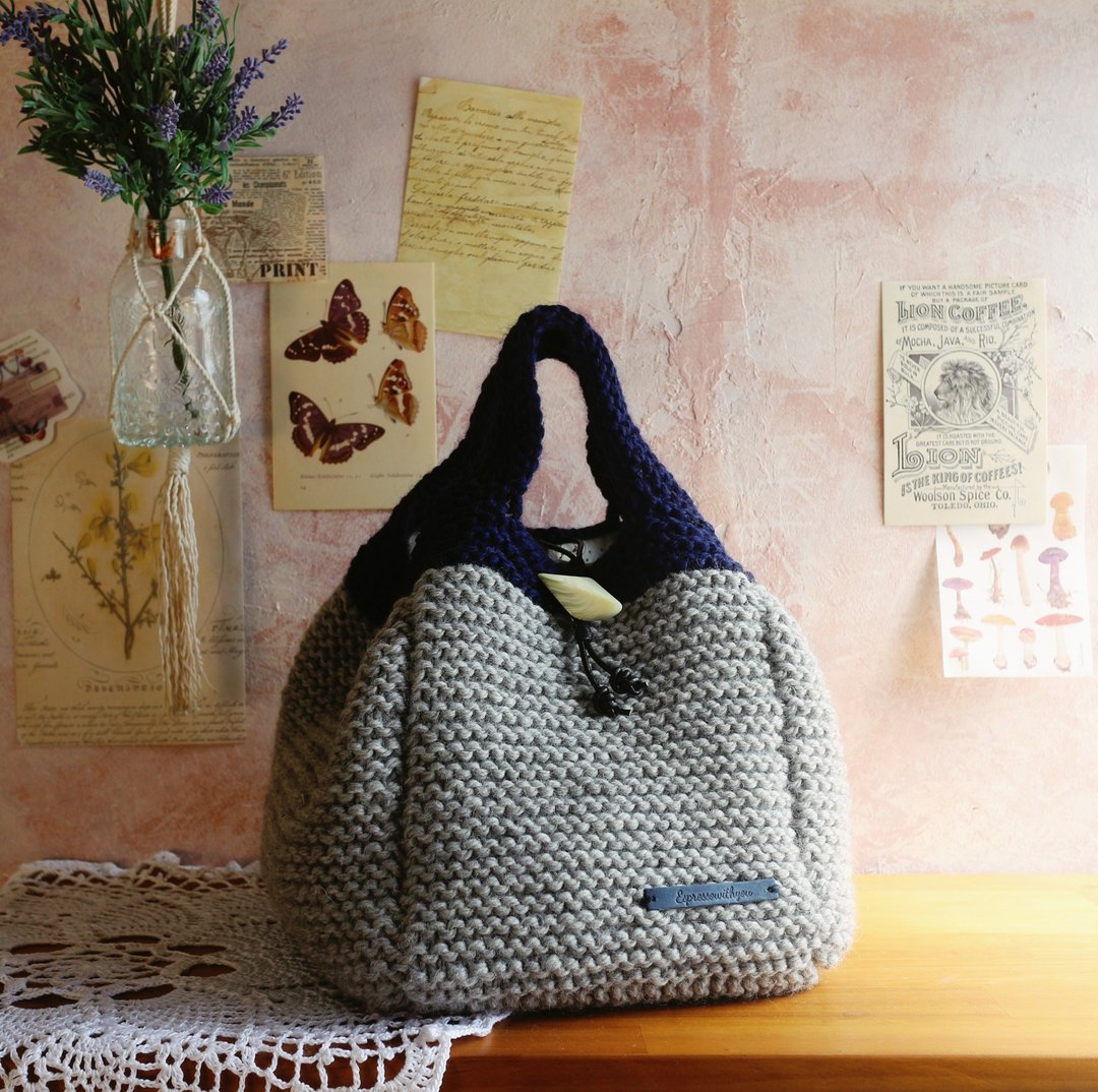 【完售】Handmade手工编织毛线编织袋/手提包/两用托特包/羊毛 - 手提包/手提袋 - 羊毛 灰色