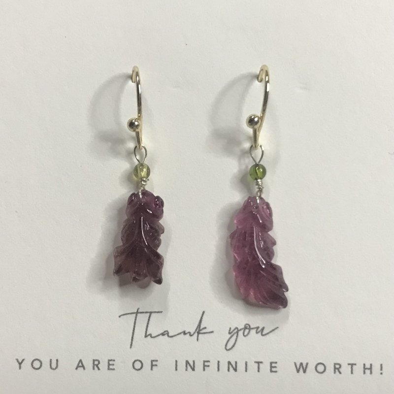 招财旺夫水晶I碧玺电气石Tourmaline14K耳环I糖果金鱼I情人节礼物 - 耳环/耳夹 - 水晶 