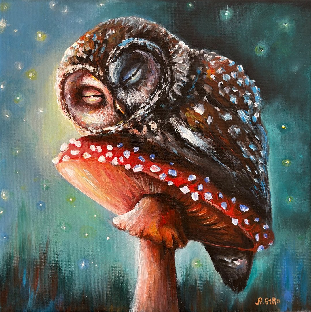 猫头鹰原创帆布画、动物艺术、猫头鹰育儿室装饰、蘑菇海报 - 墙贴/壁贴 - 棉 多色