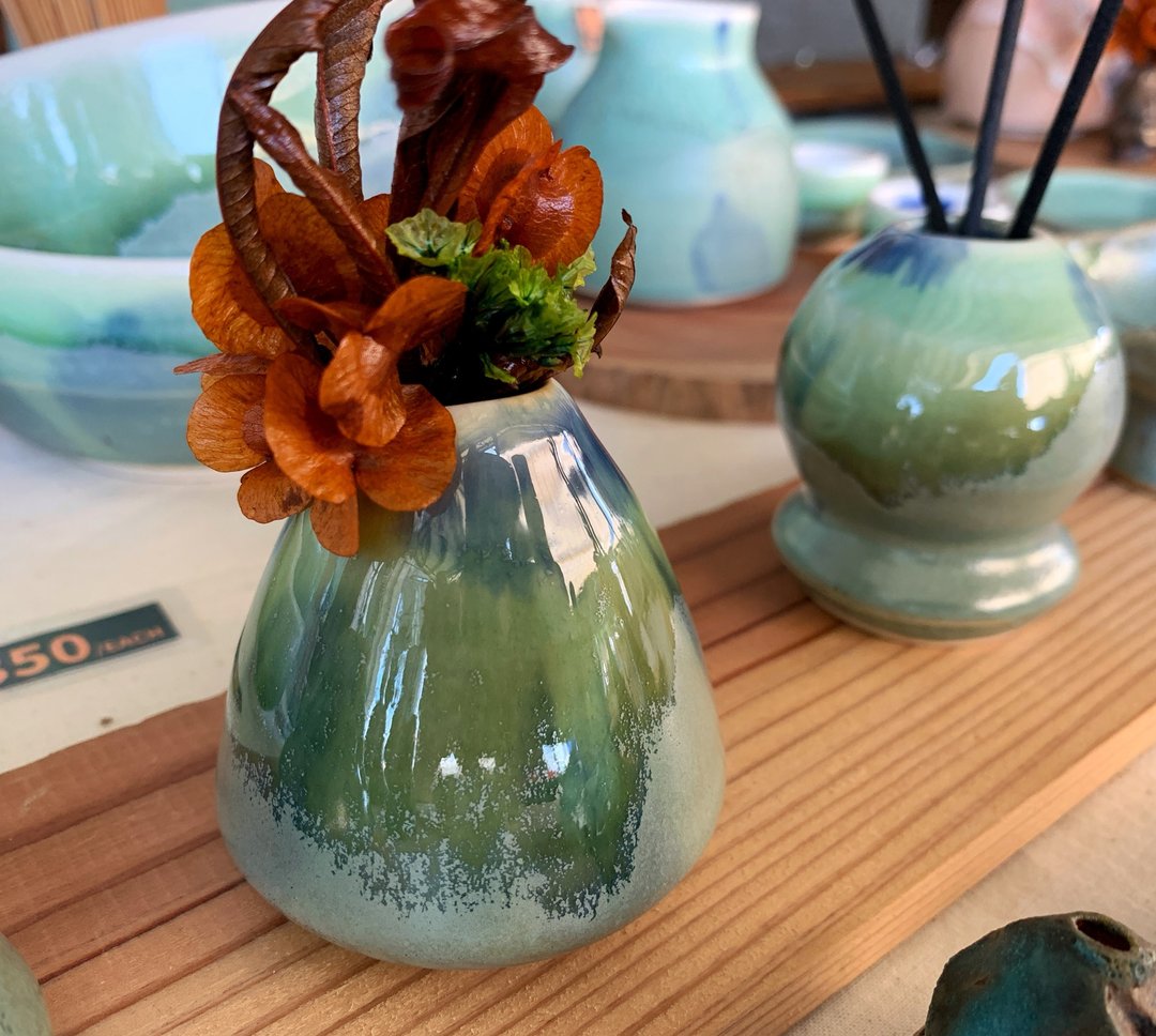 抹茶绿小花器/陶瓷/手拉胚 - 花瓶/陶器 - 陶 绿色