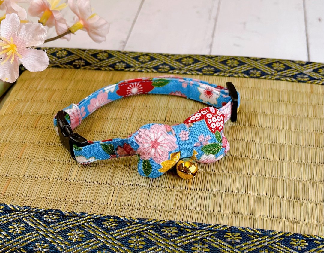 樱花图案花瓣蝴蝶结领子 - 项圈/牵绳 - 棉 蓝色