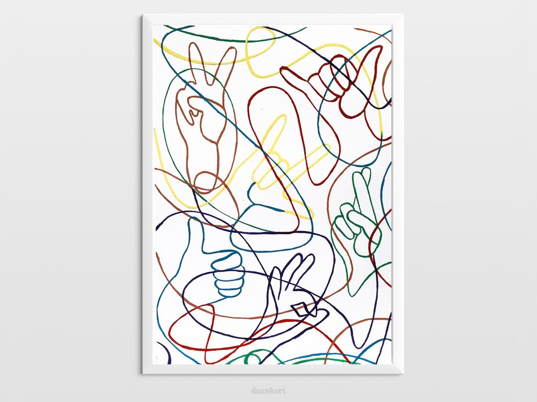 Rainbow abstract hands original artwork lines drawing modern poster wall art - 海报/装饰画/版画 - 纸 多色