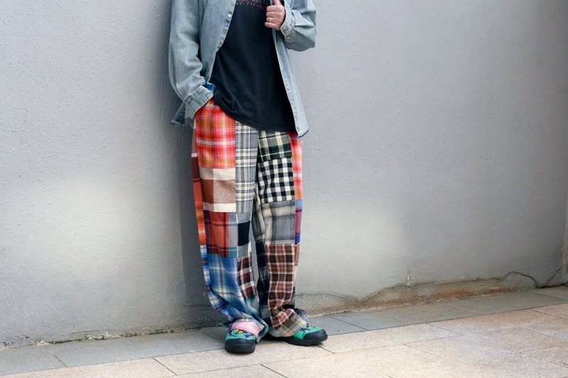 格仔拼布松紧腰 橡筋腰 长宽裤 - 男士长裤 - 棉．麻 多色