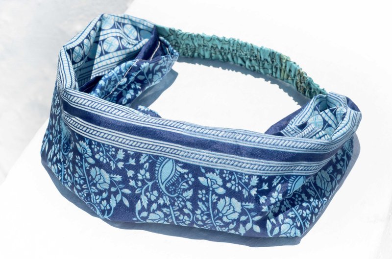 法式手工发带/缤纷花朵发带/松紧发带/手工丝绸发带-蓝色浪漫花朵 - 发饰 - 丝．绢 蓝色