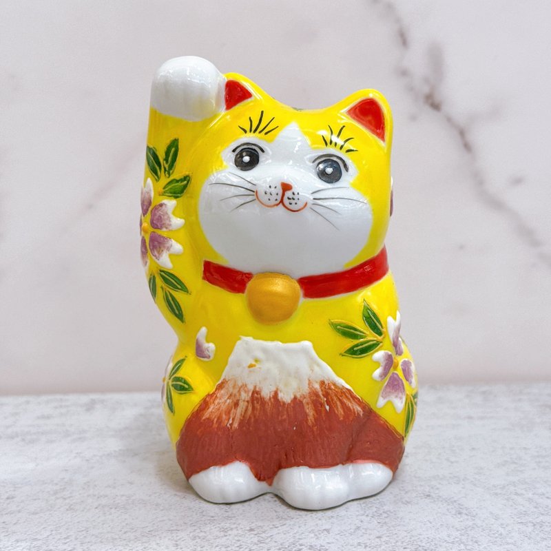 【黄樱富缘】日本九谷烧招财猫 | 黄地紫富士樱花 - 3.8号 - 摆饰 - 瓷 黄色