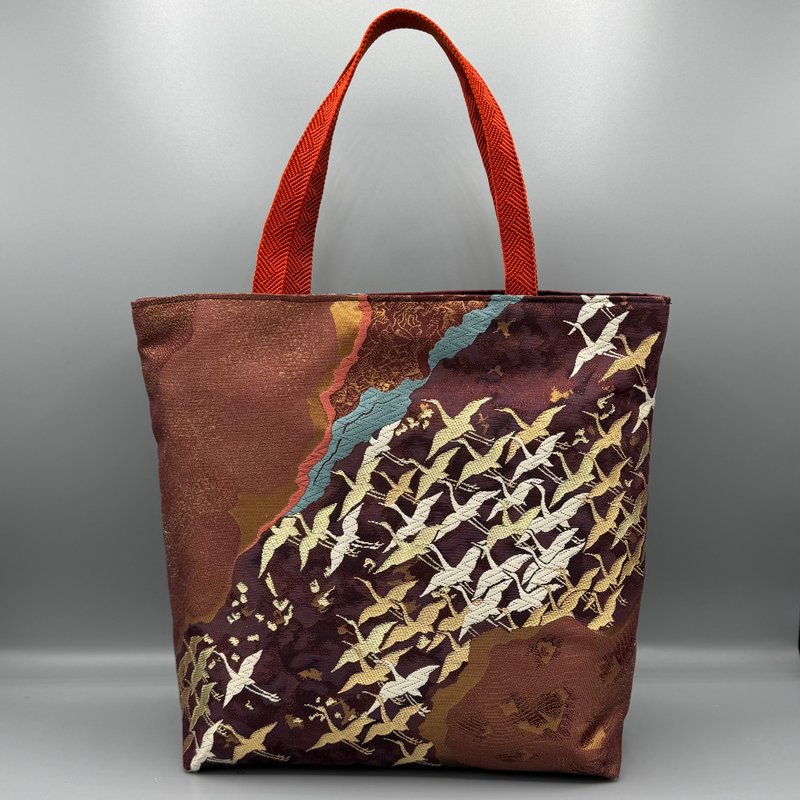 和服 腰带 腰绳 手工 托特包 改造 六通柄袋带 唐织 群鹤沧海文 金 - 手提包/手提袋 - 丝．绢 咖啡色