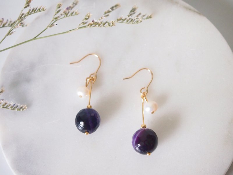 Anniewhere | 阴晴不定 | 紫纹玛瑙珍珠款 耳环 耳夹 (无耳洞) - 耳环/耳夹 - 宝石 紫色