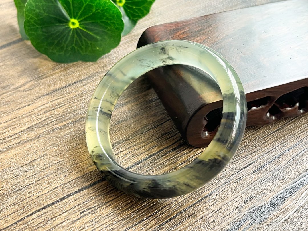 【一物一图】天然辽宁岫玉手镯 手镯圈口54.2mm 水墨 - 手链/手环 - 玉石 多色