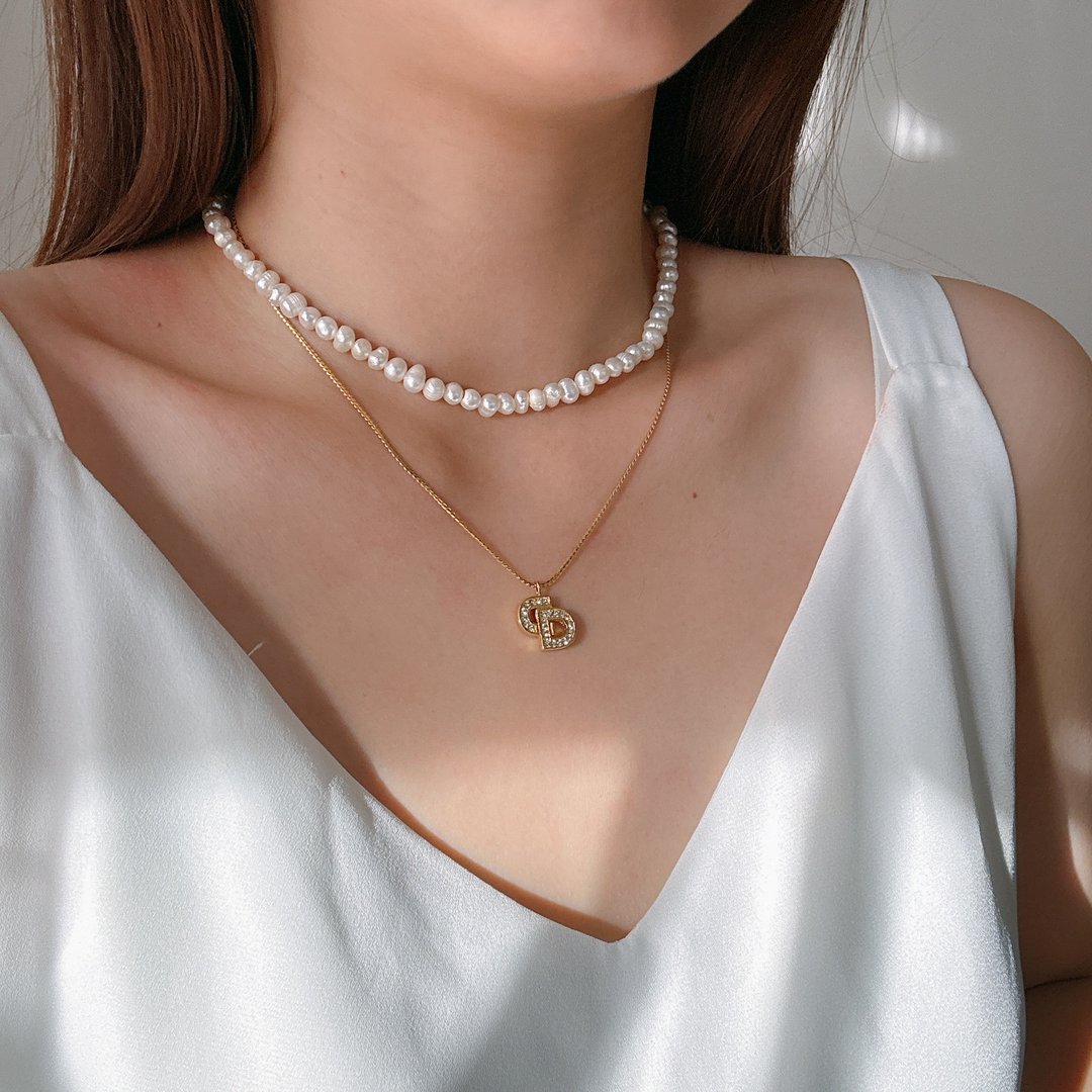 中古美品 Christian Dior 闪石颈链 CD logo 婚摄饰品 轻婚纱 - 项链 - 其他金属 金色