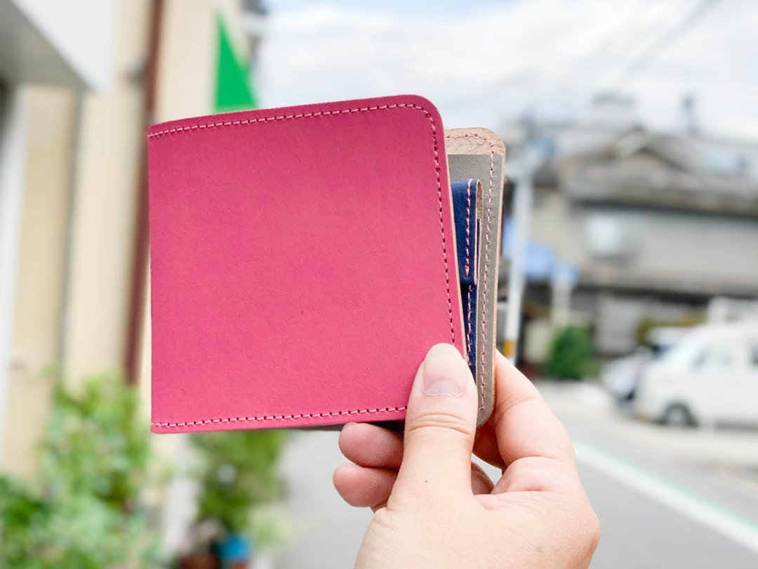 SHORT Invincible Gray x Pink Navy Short Flat Wallet Compact Slim SFW-PHNN-P - 皮夹/钱包 - 真皮 粉红色