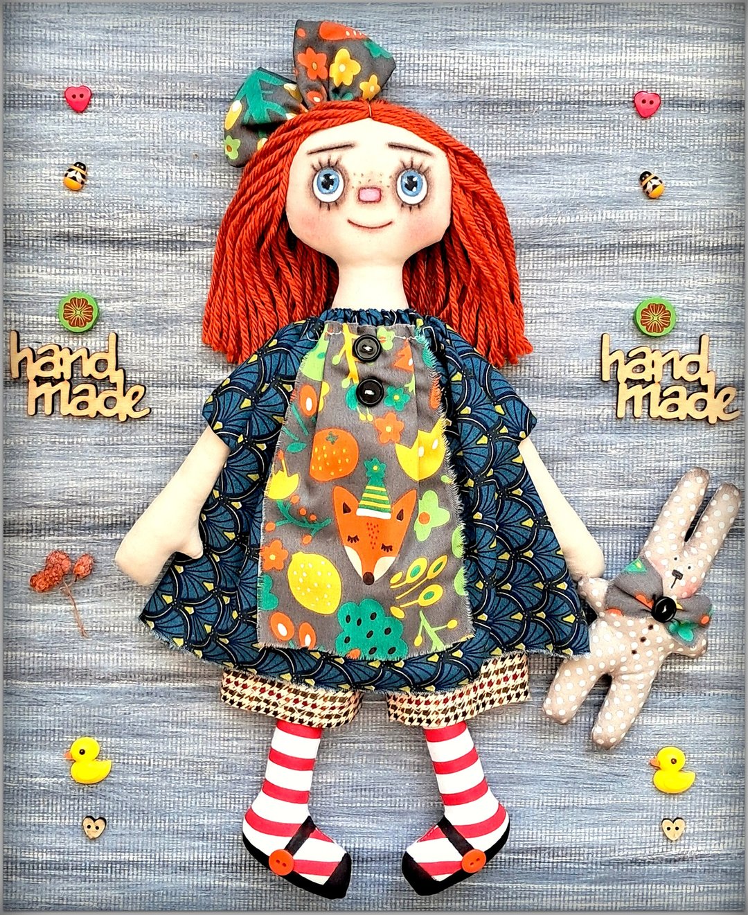 布艺软娃娃 Primitive Raggedy Doll Alison，布娃娃，布娃娃，手工制作 - 玩偶/公仔 - 棉 蓝色