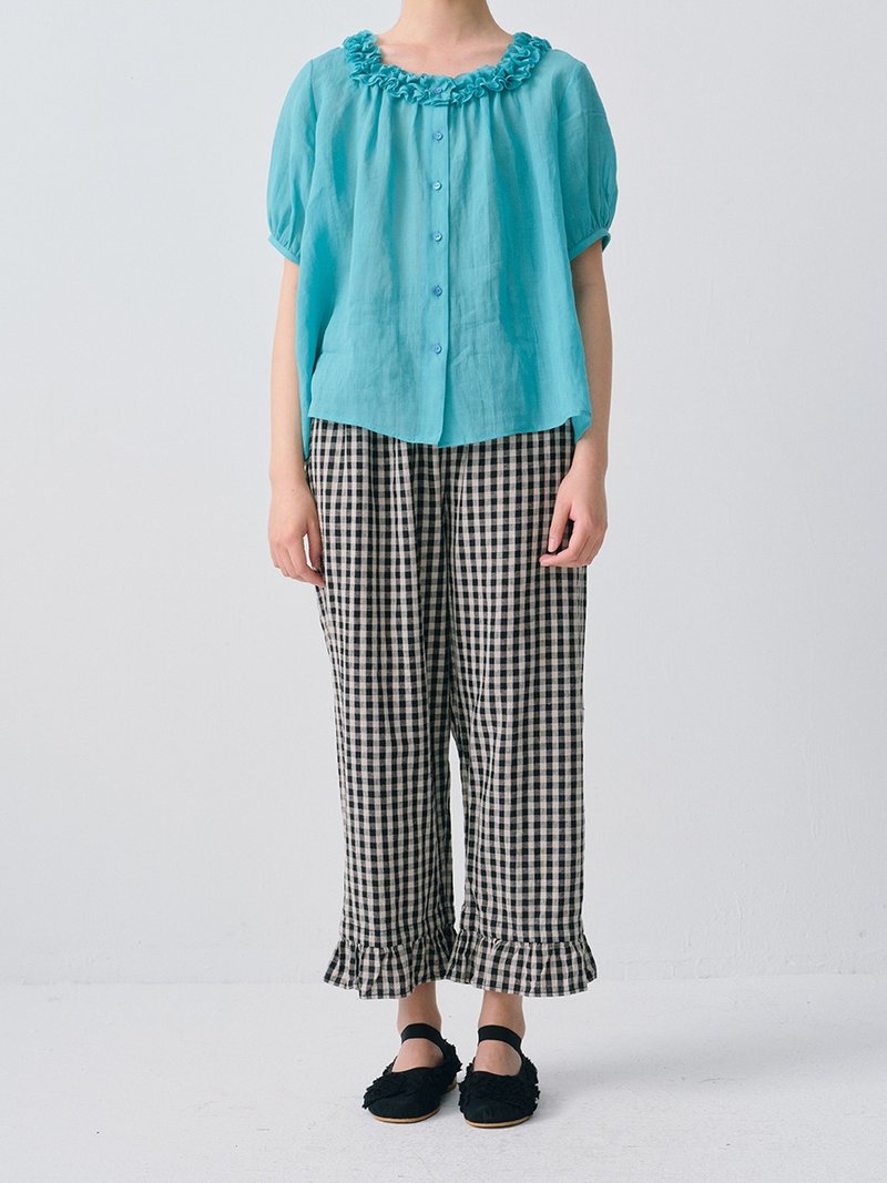 水洗苎麻轻薄透气短袖经典花边领衬衫 - 女装上衣 - 棉．麻 黑色