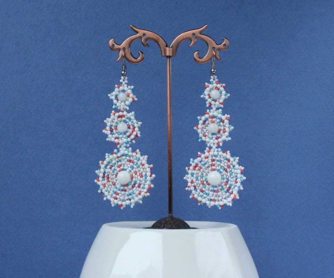 Long White Earrings Seed Bead Earrings Beaded Dangle Earrings Statement Boho - 耳环/耳夹 - 玻璃 白色