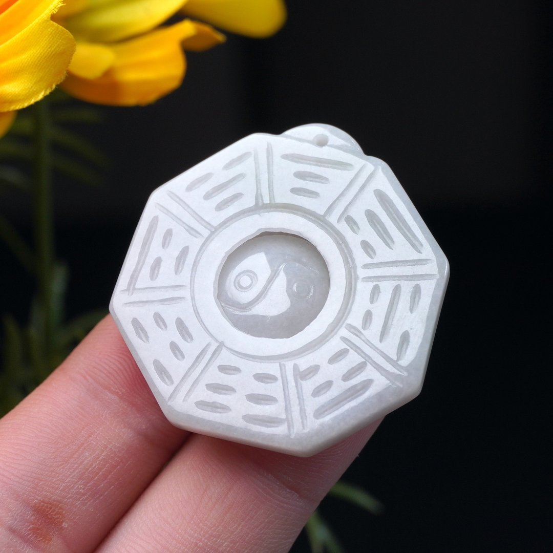 【干坤太极】白翡翡翠八卦项链 | 天然缅甸玉A货翡翠 | 送礼 - 项链 - 玉石 白色