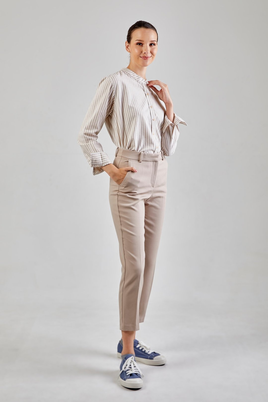 Mandarin stripe Shirt : Long Sleeve (Beige, 米色条纹) 长袖衬衫 - 男装衬衫 - 棉 黄色