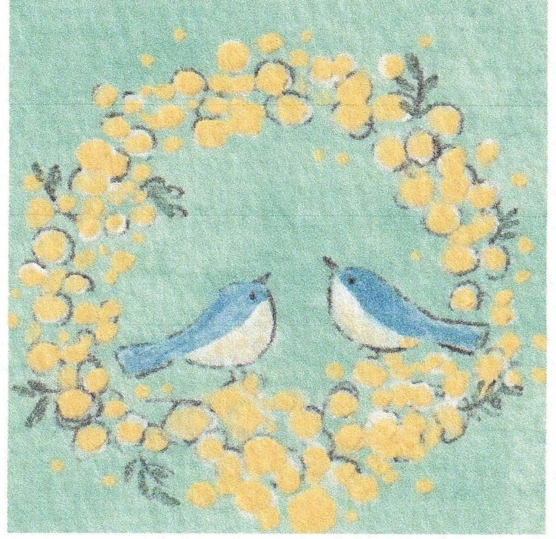 Japanese Poster, Happy Blue Birds Gathered on a Mimosa Wreath, mini framed, inte - 海报/装饰画/版画 - 纸 绿色