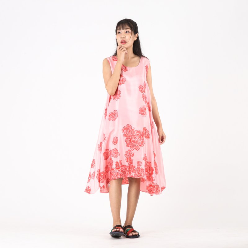 Dress Hand Paint Soft Cotton Silk for Yoga Vacation Holidays - 洋装/连衣裙 - 棉．麻 粉红色