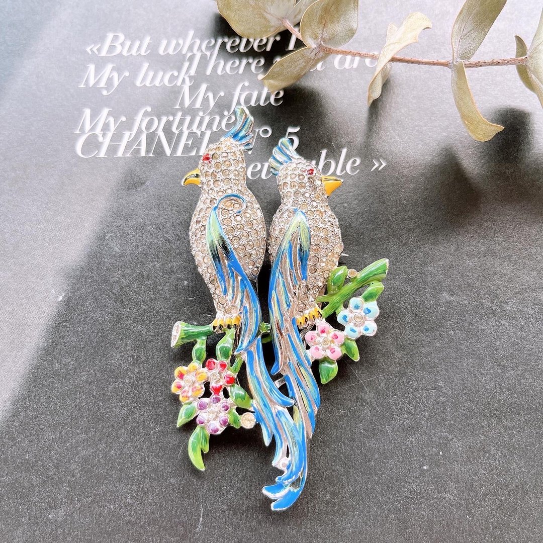 【CoroDuette 蓝色珐琅爱情鸟对装裙夹别针-专利图鉴款】Vintage - 胸针 - 其他金属 