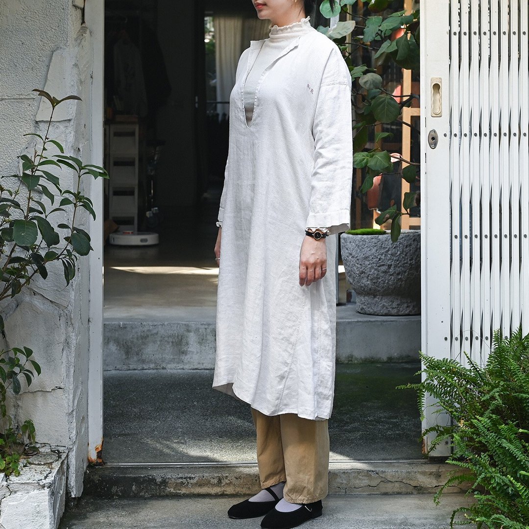 1900-30s 法国古董亚麻洋装 / 古董洋装、法国洋装、亚麻洋装 - 洋装/连衣裙 - 棉 白色