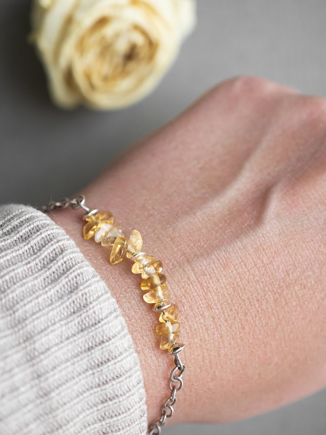 Raw Citrine Bracelet, 925 Silver, Aries gem, Leo crystal, Aquarius birthstone - 手链/手环 - 半宝石 黄色