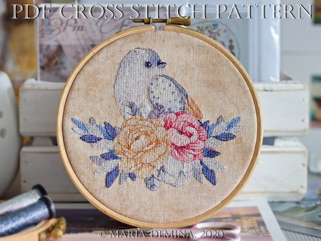 Moonlight Bird and Bouquet II PDF cross stitch pattern 鸟花十字绣 - 手工艺教程/工具书 - 其他材质 