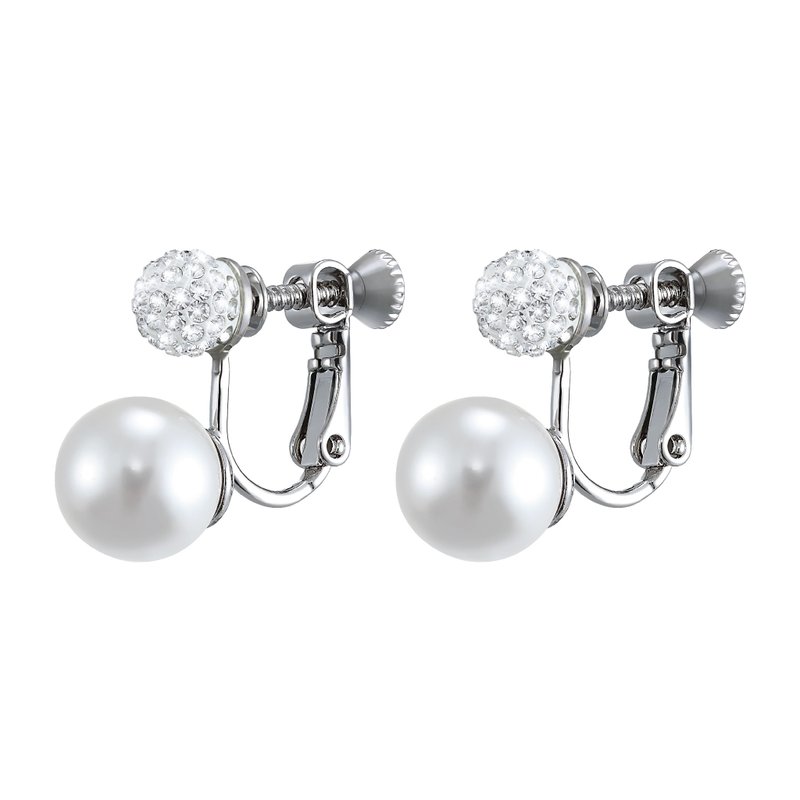 奥地利密镶水晶白钻球与白珍珠耳夹 - 耳环/耳夹 - 水晶 白色