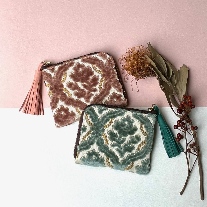 Arabesque pattern fabric L-shaped mini wallet green - 皮夹/钱包 - 棉．麻 绿色