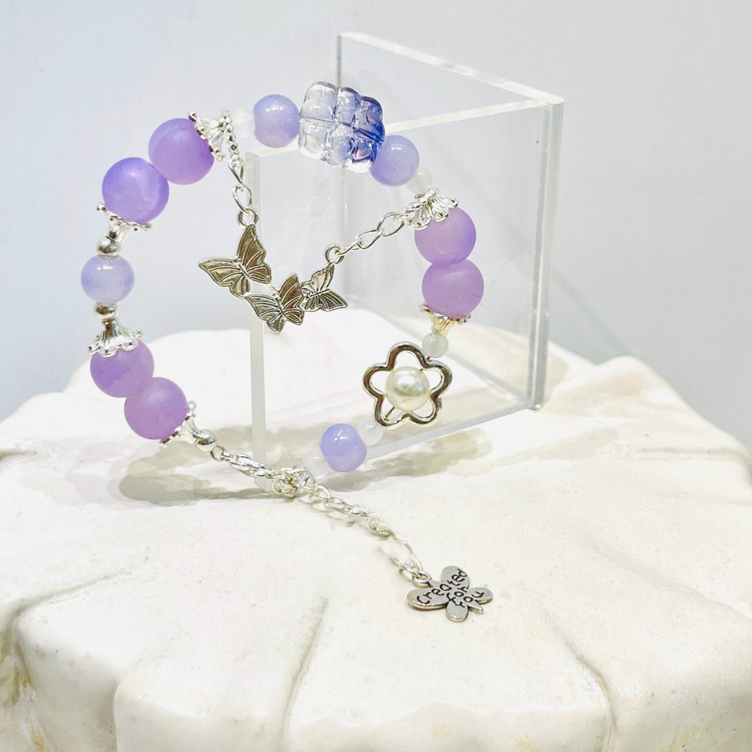 台湾设计师手工饰品-冰晶珠手链【新中式-紫蝶幻梦】 - 手链/手环 - 琉璃 