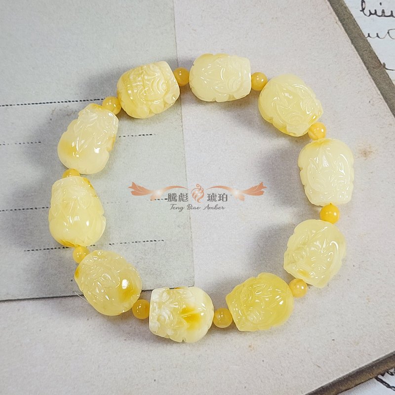 腾彪琥珀 天然琥珀蜜蜡 牛奶焦皮料 飘花蜜蜡 招财貔貅 精品手链 - 手链/手环 - 半宝石 白色