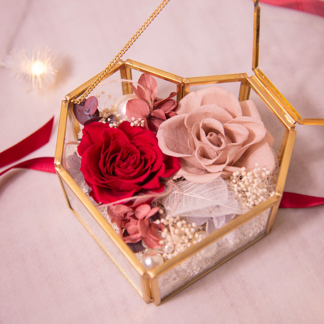 【坚定】透明玻璃爱心 干燥花 永生花花盒 求婚 告白 婚礼戒指盒 - 干燥花/捧花 - 宝石 红色