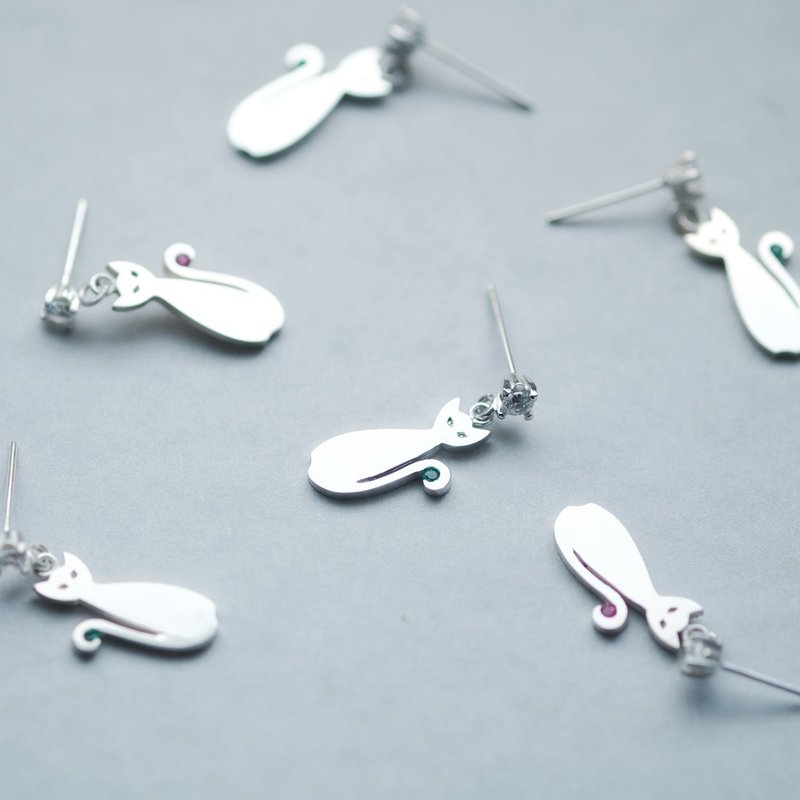 优惠特卖・数量限定）可选宝石 猫咪造型 925银耳环 - 耳环/耳夹 - 其他金属 多色