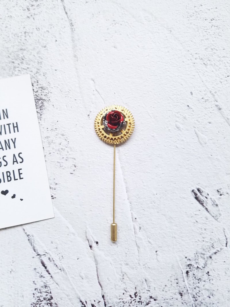 蒸汽朋克元素齿轮玫瑰花胸针胸花新郎一字针礼服插针 - 胸针 - 其他金属 金色