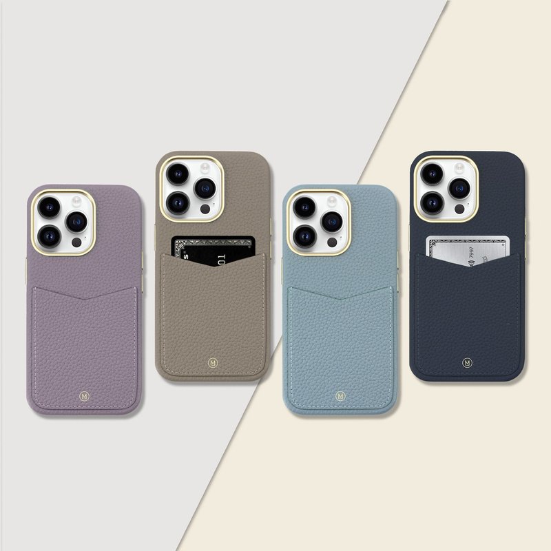 iPhone 14 Pro插卡手机壳 定制化礼物手造真皮革防摔手机壳 - 手机壳/手机套 - 真皮 蓝色