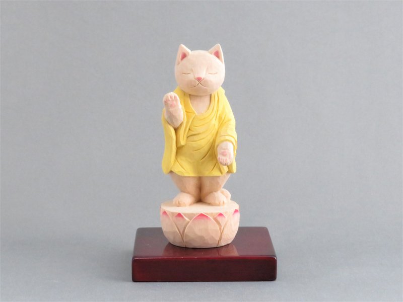 木彫り　立ち阿弥陀猫　猫仏1920 - 摆饰 - 木头 黄色