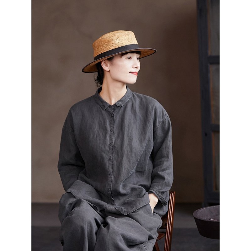 灰汉麻成衣染色气质小翻领碧纹染衬衫 - 女装衬衫 - 棉．麻 