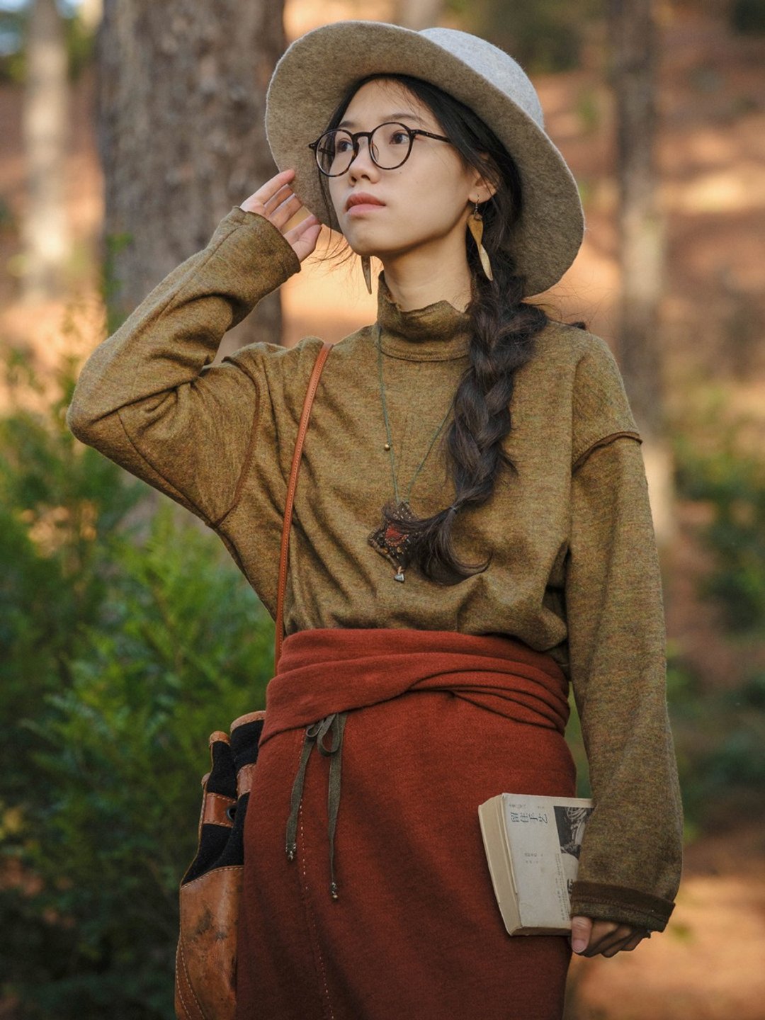 秋香綠/棕黃色 拼色針織小高領上衣 羊毛套頭內搭衫 - 女装上衣 - 羊毛 绿色
