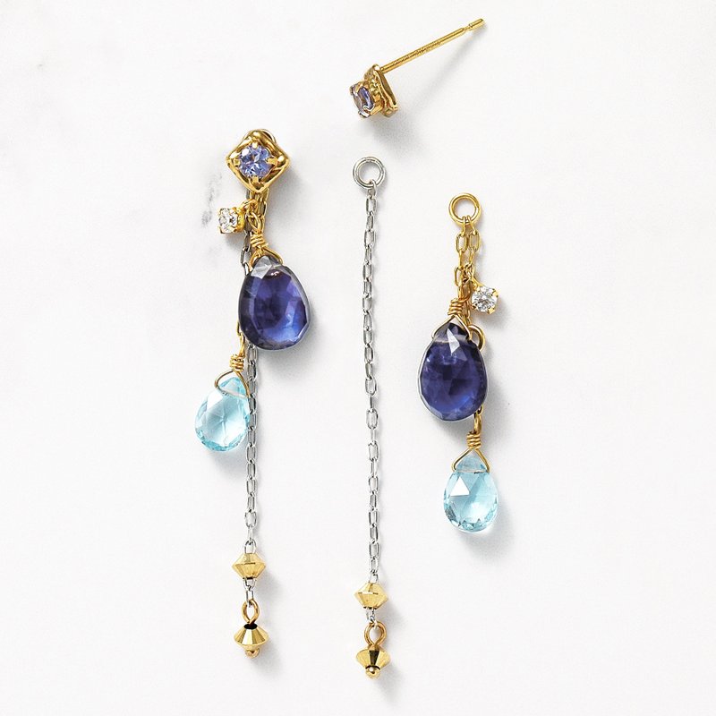 【Palette】 18K/10K 堇青石 x 蓝色托帕石坠饰套装耳环 - 耳环/耳夹 - 贵金属 