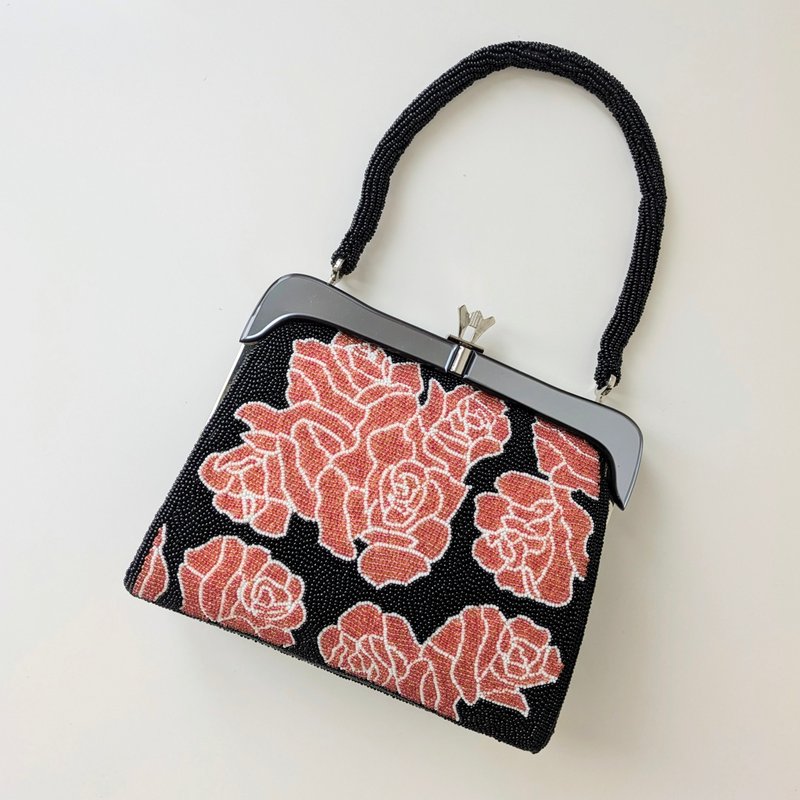 复古 串珠包 黑色 红色 玫瑰图案 派对包 宴会包 手工制作 串珠刺绣 怀旧 - 手提包/手提袋 - 其他材质 黑色