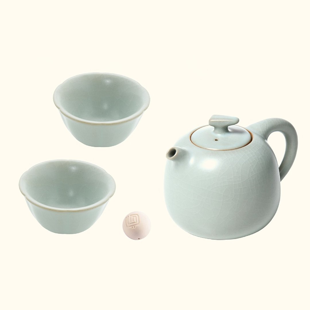 【礼物首选】陆宝 汝窑 锦珠壶自在茶组 一壶两杯 - 茶具/茶杯 - 陶 透明