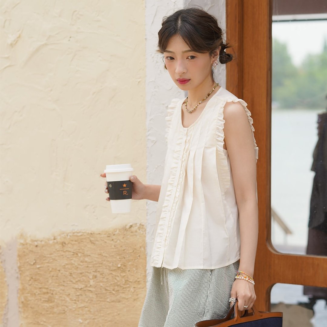 原色木耳边无袖衬衫|背心|外套|夏款|Sora-1228 - 女装背心 - 棉 