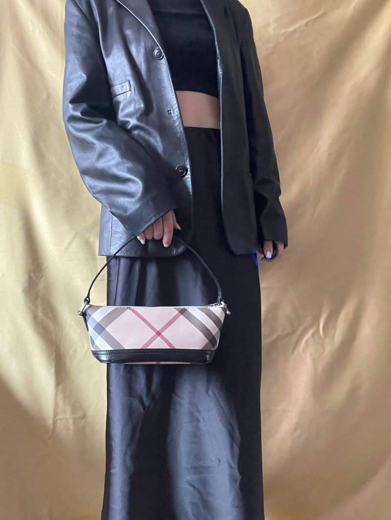 BURBERRY Check Shoulder Bag米色格仔腋下手提包 中古Vintage - 手提包/手提袋 - 真皮 卡其色
