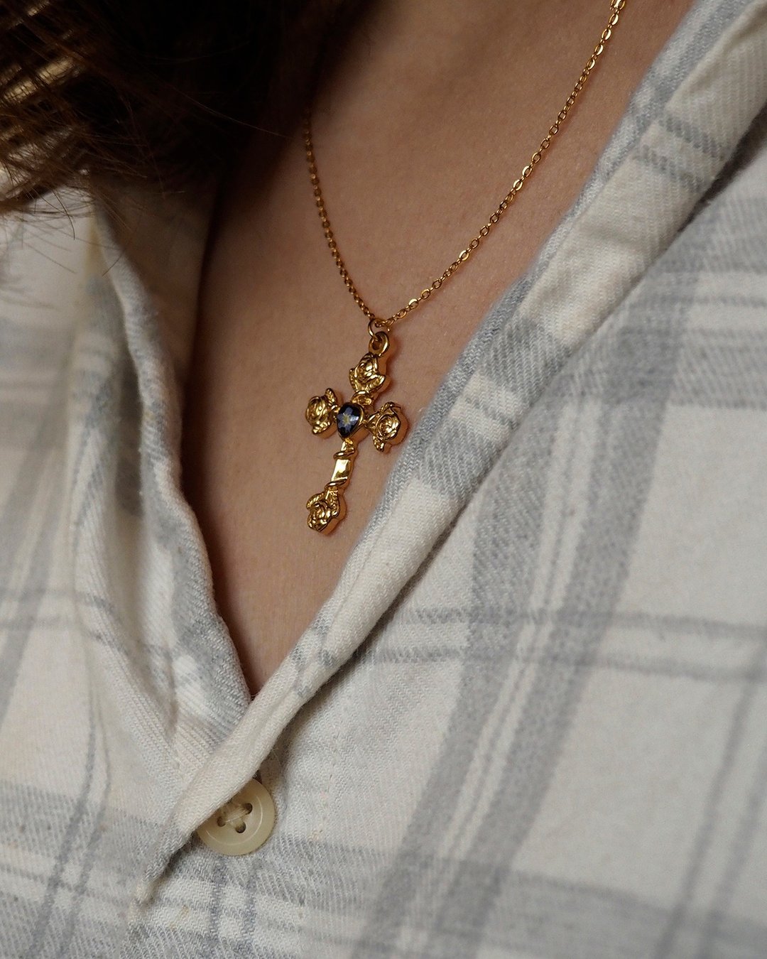 Pressed forget-me-not necklace, Steel cross necklace, Real dry flower necklace - 项链 - 植物．花 金色