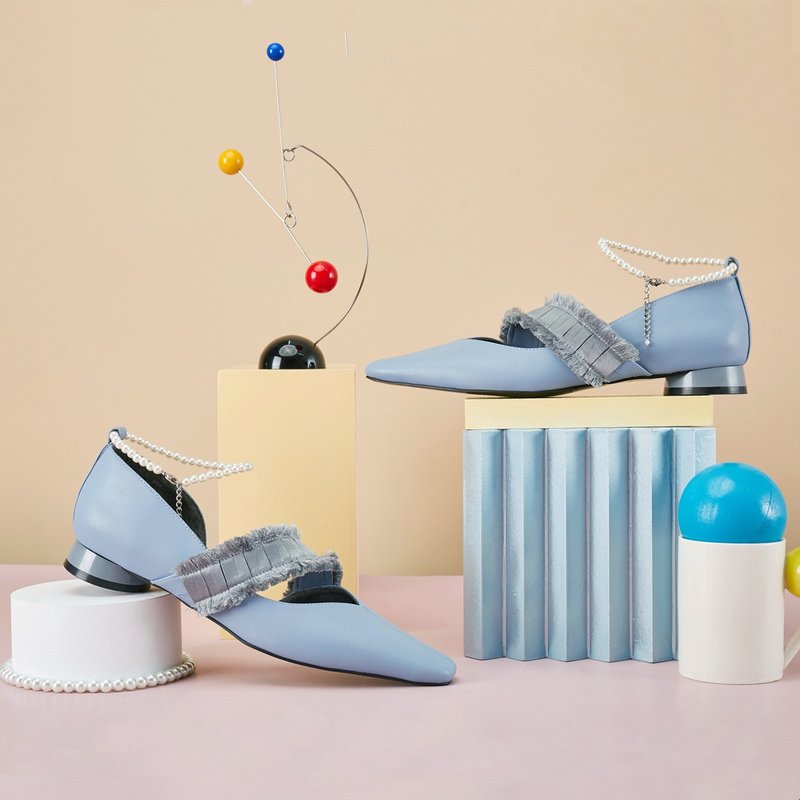 | HOA | 小方头须须带珍珠脚链平底鞋 | 蓝色 | 5574 - 芭蕾鞋/娃娃鞋 - 人造皮革 蓝色