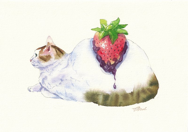 水彩原画 - 草莓猫大福 - 电子手绘真人画像/绘画/插画 - 纸 多色