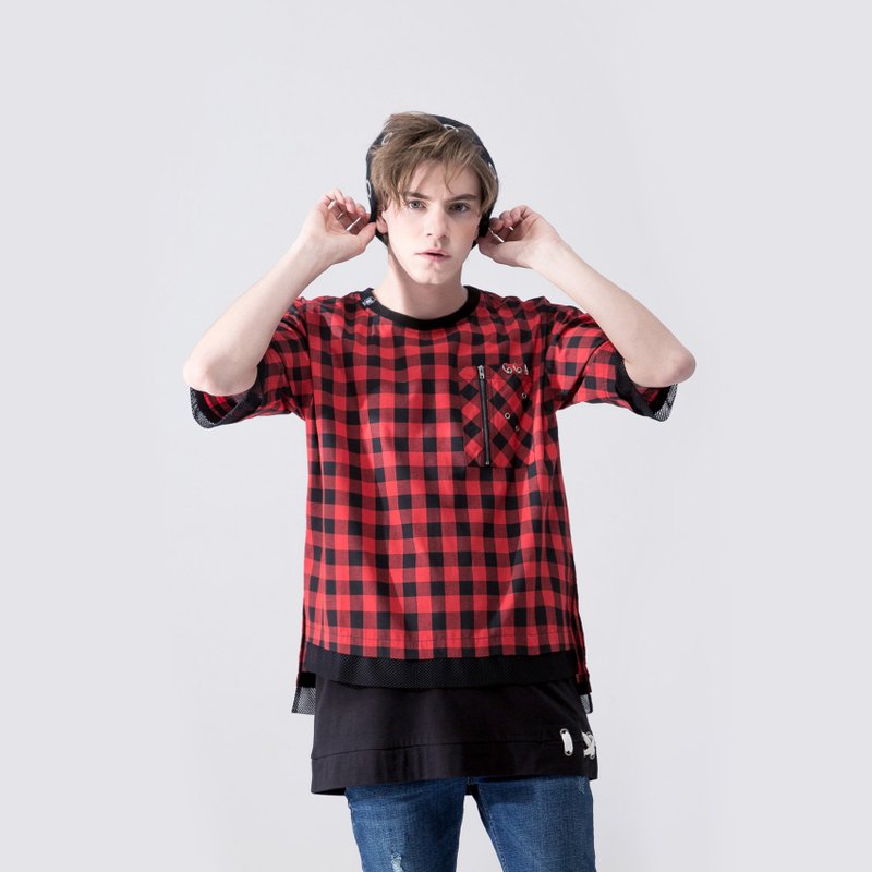 【中性款】 假两件 铆钉套头短袖衬衫 / 红黑格 - 男装衬衫 - 棉．麻 红色