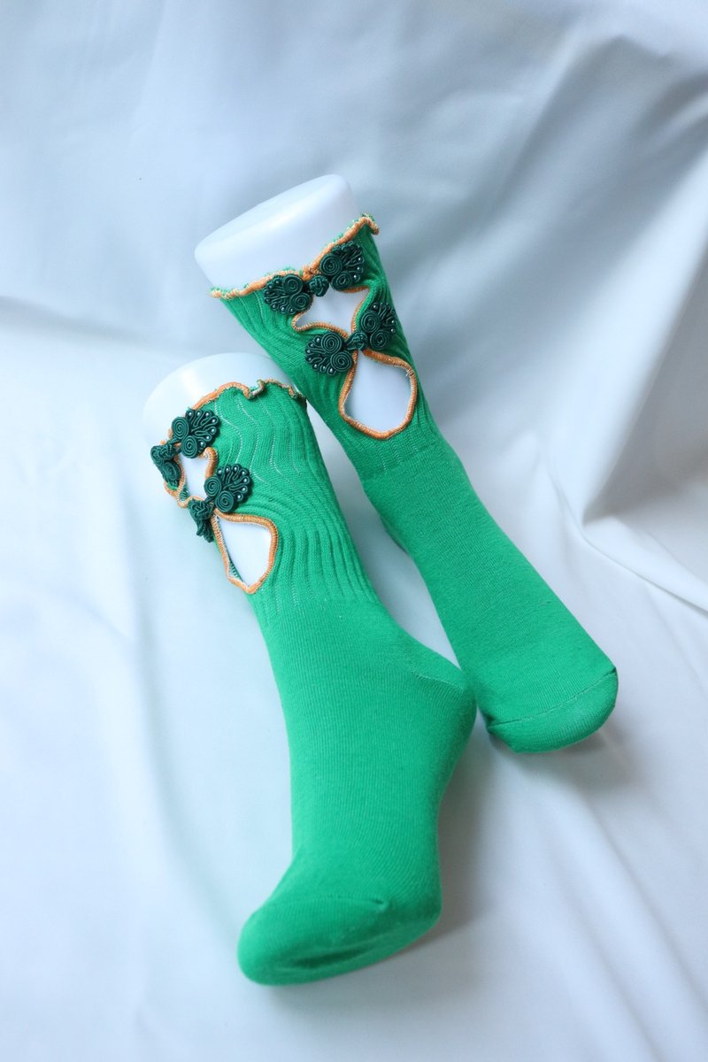 绿色×橘色 缕空袜系列 缤纷缕空袜 抢眼袜子 个性袜 22.5〜25 女袜 socks - 袜子 - 其他材质 绿色