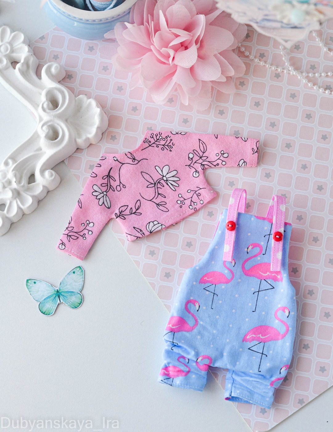 jumpsuit for a Blythe doll set T-shirt Doll clothes natural cotton - 玩具/玩偶 - 棉．麻 粉红色