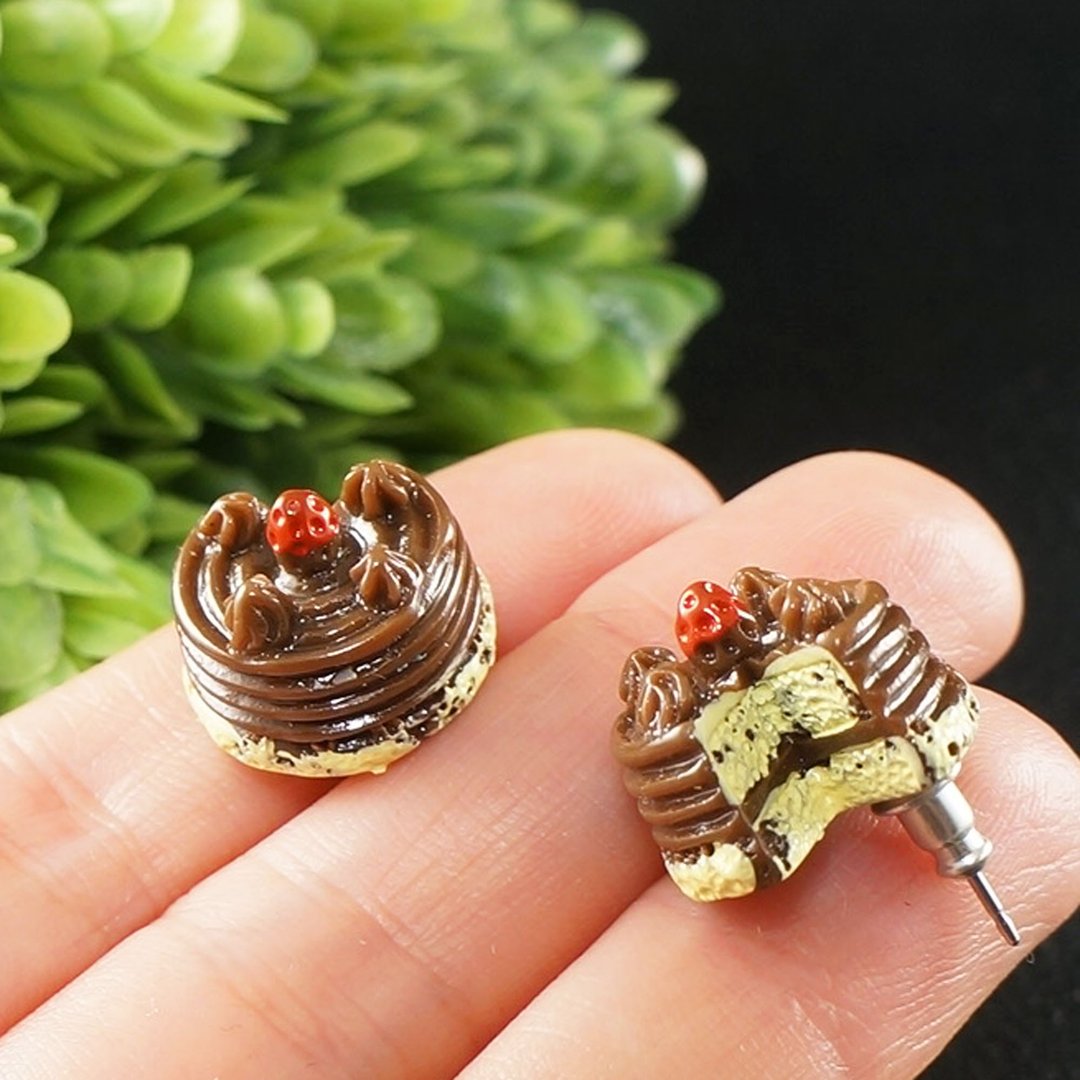 巧克力蛋糕造型 耳环 日系食物甜点 医疗级不锈钢针 饰品 - 耳环/耳夹 - 不锈钢 咖啡色