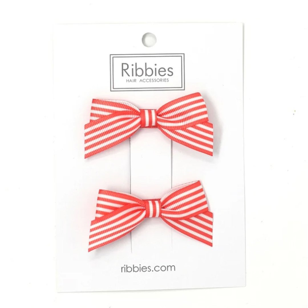 英国Ribbies 条纹蝴蝶结2入组-珊瑚红 - 发饰 - 聚酯纤维 